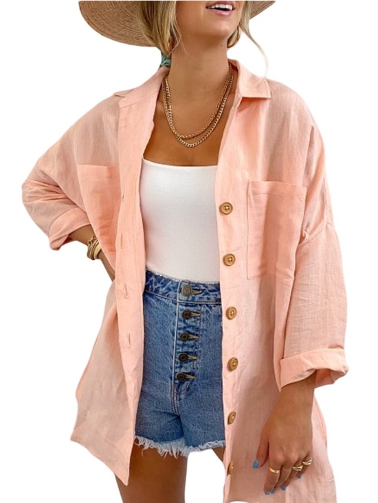 Show me your Mumu Tops - Show Me Your Mumu John Button Down Shirt Pink Linen Blend Oversized Size XS